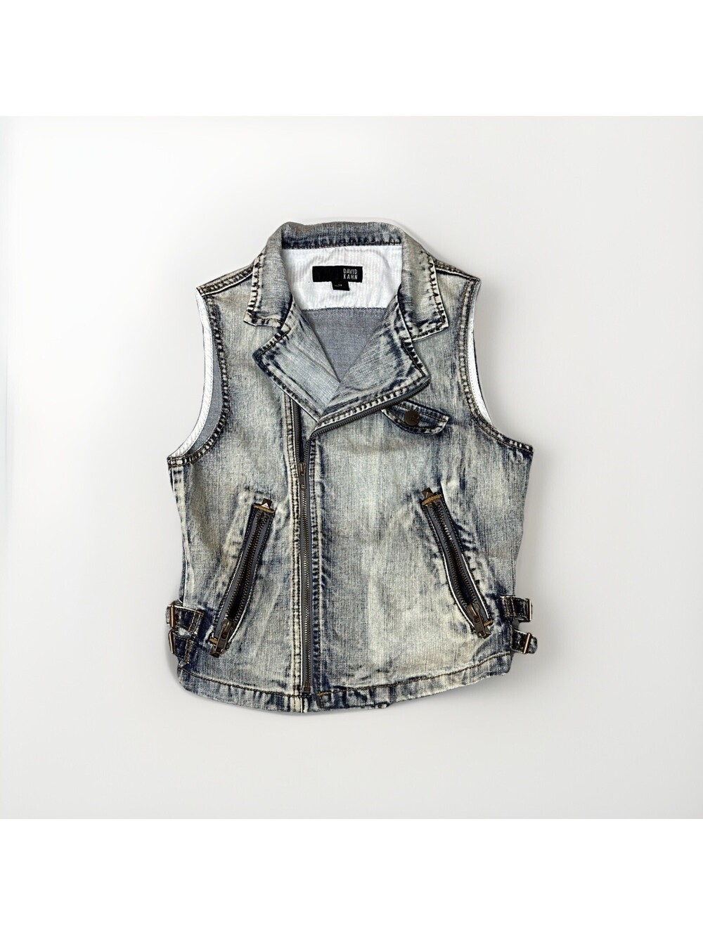 David Kahn Bleach Washed Trucker Jean Vest Women's Medium Flap Pocket Biker